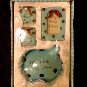 A baby’s first curl tooth, photo and piggy bank box